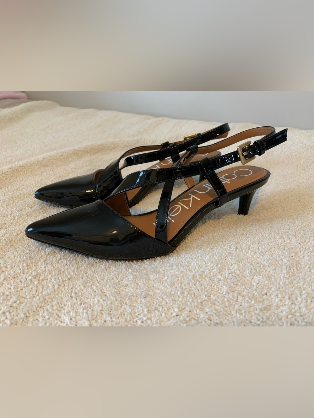 Calvin Klein Black Patent Cross-Strap Heels - Picture 2 of 7